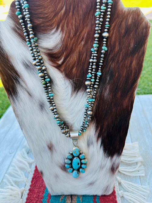 Handcrafted Sterling Silver Pearl and Turquoise Beaded Necklace by Sheila Becenti