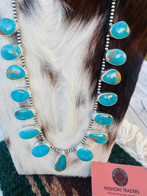 Handcrafted Turquoise & Sterling Silver Beaded Necklace and Earring Set