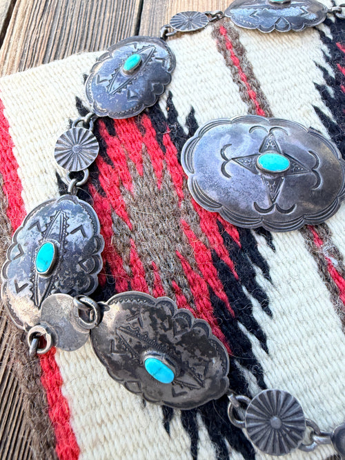 Handcrafted Vintage Old Pawn Turquoise & Sterling Silver Concho Belt