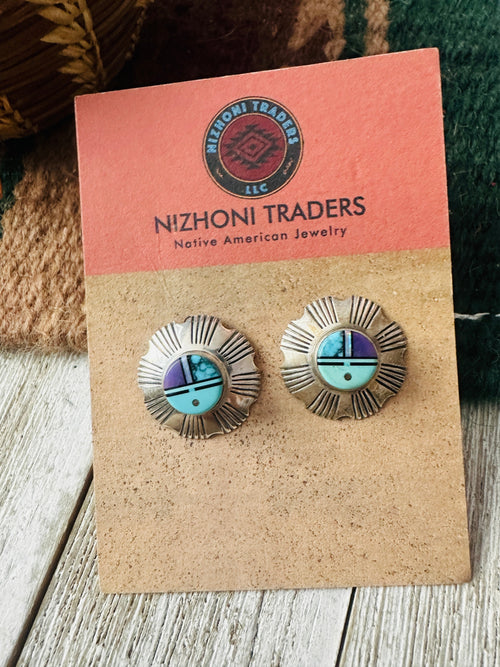 Old Pawn Navajo Sterling Silver & Multi Stone Inlay Sun Face Stud Earrings by Gary Arviso
