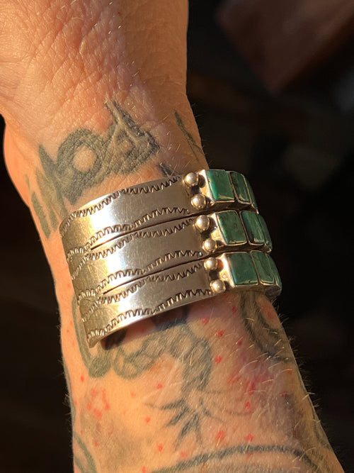 Vintage Sterling Silver and Turquoise Triple Row Square Stone Cuff