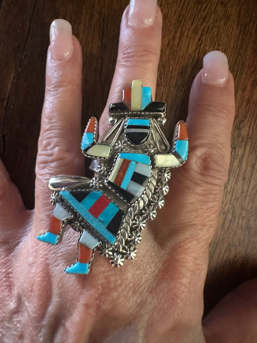 Old Pawn Zuni Sterling Silver and Multi Stone Kachina Ring Size 10