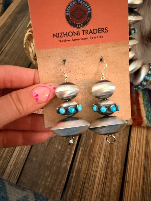 Handcrafted Turquoise & Sterling Silver Beaded Necklace and Earring Set