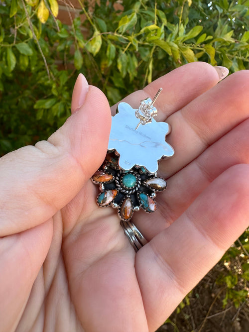 Handmade Sterling Silver, Spice, Turquoise Post Cluster Earrings Signed Nizhoni