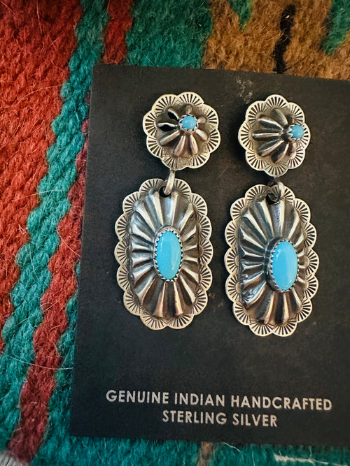 Navajo Hand Stamped Sterling Silver & Turquoise Concho Dangle Earrings