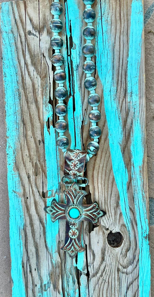 Beaded Necklace with Patina Cross Pendant