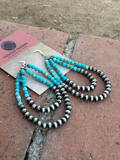 Navajo Turquoise & Sterling Silver Beaded Double Hoop Dangle Earrings