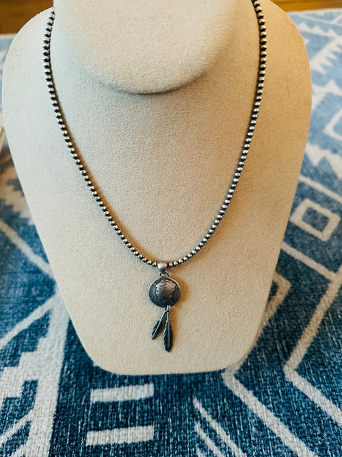 Navajo Sterling Silver Pearl Liberty Dime Feather Beaded Necklace