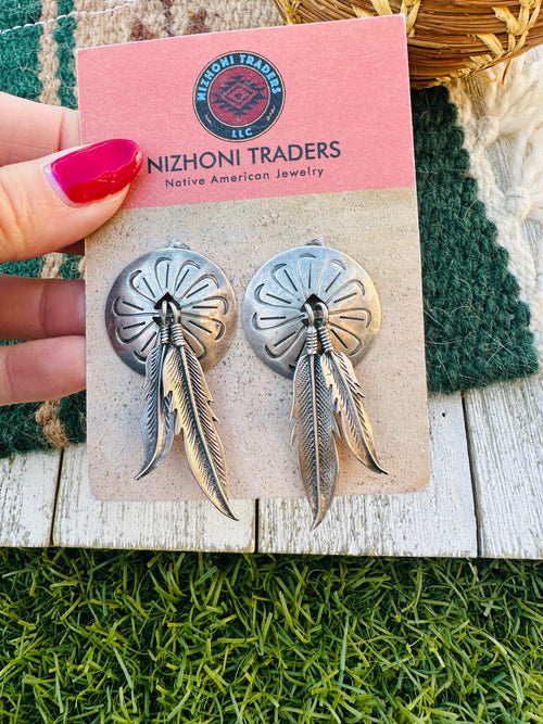 Handcrafted Old Pawn Sterling Silver Feather Concho Dangle Earrings