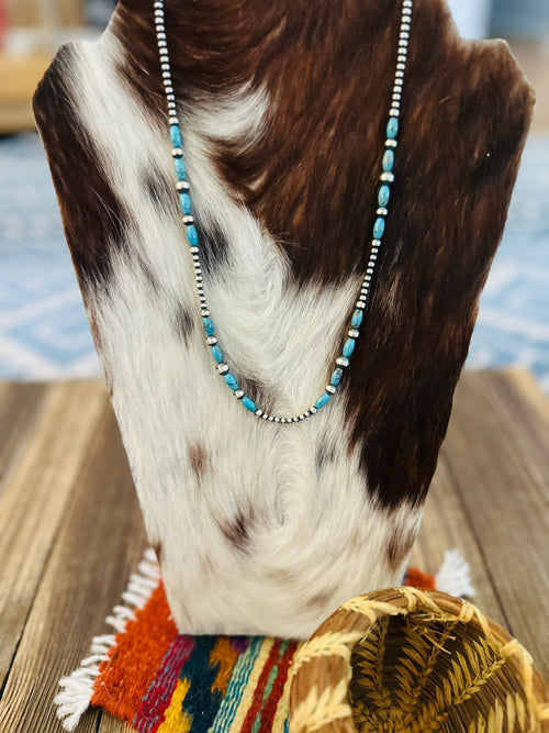 Handcrafted Turquoise & Sterling Silver Pearl 20” Beaded Necklace