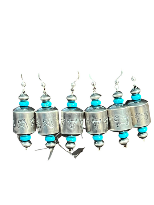 Navajo Sterling Silver and Turquoise Handmade Barrel Bead Earrings by Preston Haley
