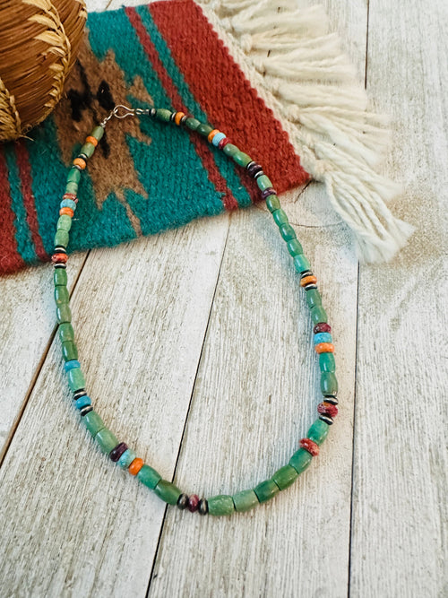 Navajo Turquoise, Spiny & Sterling Silver 16” Beaded Necklace