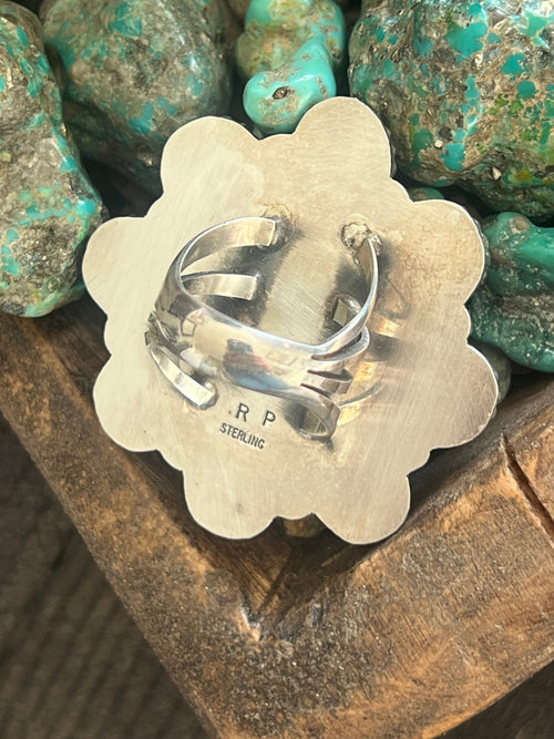 Apache Sterling Silver, Barber Quarter and Hubei Turquoise Cluster Ring by Rosella Paxson, Size 8