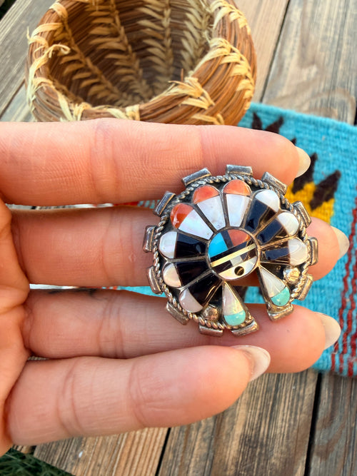 Old Pawn Handcrafted Multi Stone and Sterling Silver Inlay Sun Face Brooch/ Pendant