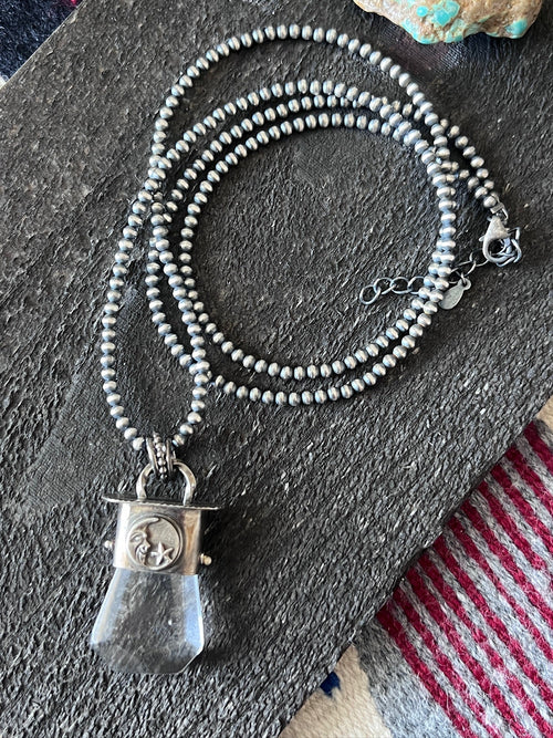 Sterling Silver Gem Collector 30” + 2” Beaded Necklace w/ Tularosa Quartz & Moon Pendant 1
