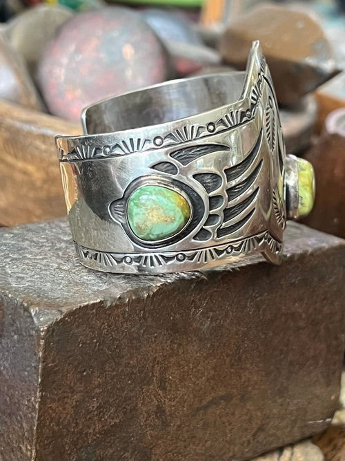 Old Pawn Navajo Sterling Silver and Royston Turquoise Overlay Bear Paw Cuff Bracelet by Charlie Bowie