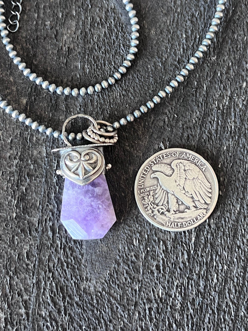 Sterling Silver Gem Collector 30” + 2” Beaded Necklace w/ Amethyst & Heart Pendant