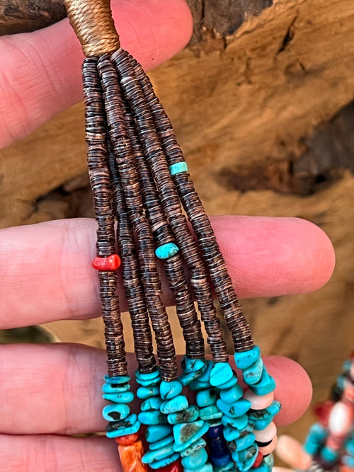 Gorgeous Navajo Made Six Strand Turquoise and Spiny Oyster Beaded Squaw Wrap Necklace, Blue