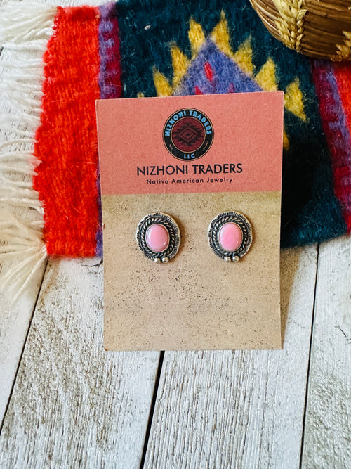 Navajo Sterling Silver & Queen Pink Conch Stud Earrings