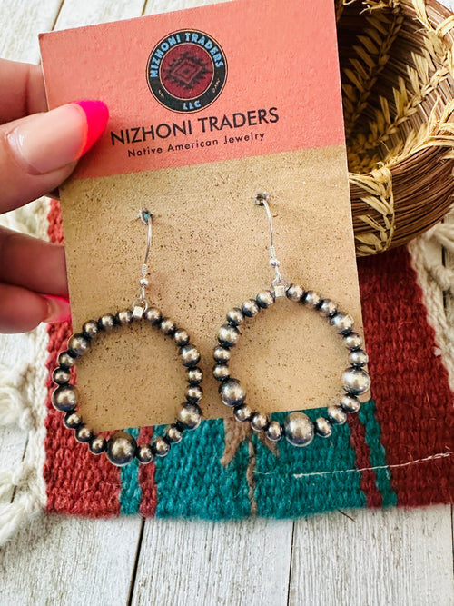 Navajo Sterling Silver Pearl Beaded Dangle Hoop Earrings