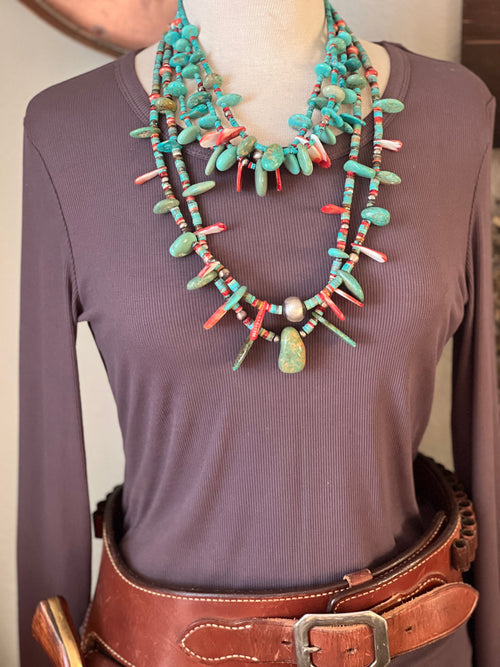 Stunning Handcrafted Double Strand Sterling Silver, Turquoise and Spiny Oyster Beaded Tab Necklace by Daniel Coriz