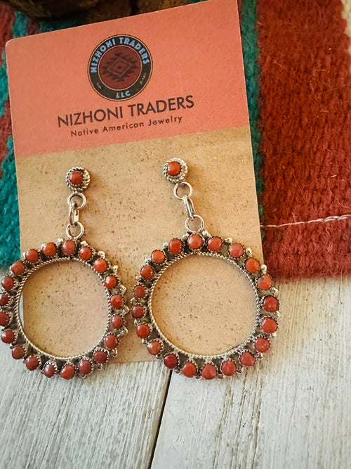 Zuni Sterling Silver & Coral Petit Point Dangle Earrings