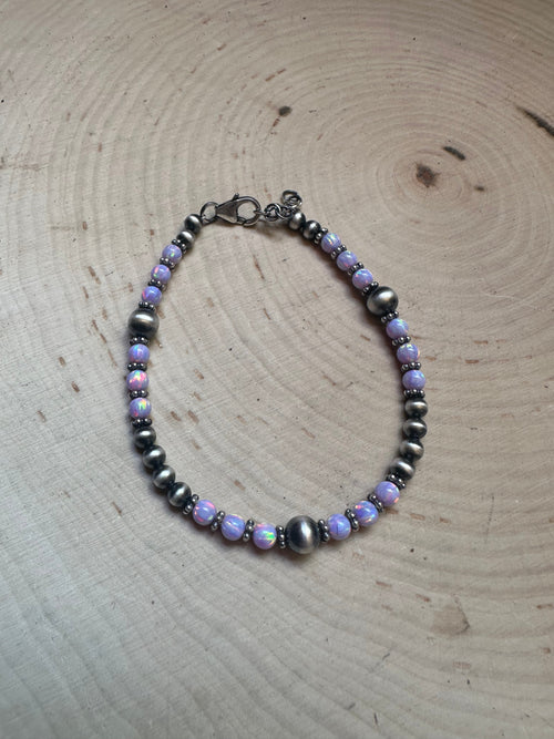 Handmade Purple Fire Opal & Sterling Silver Beaded Bracelet