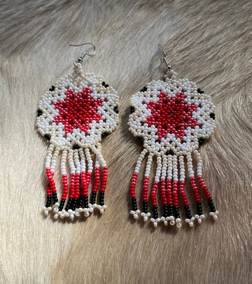 Handmade MultiColor Beaded Dangle Earrings (White, Red, & Black)