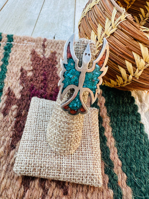 Old Pawn Handcrafted Turquoise, Coral & Sterling Silver Inlay Waterbird Ring Size 5.75