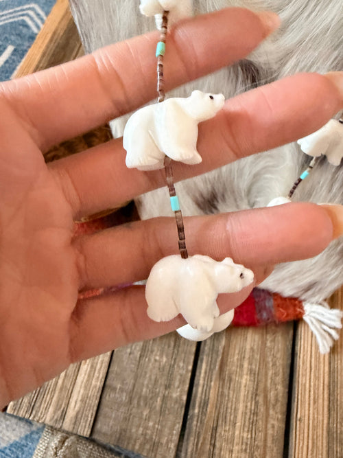 Handcrafted Sterling Silver & Beaded Fetish Bear Necklace 28" by Larry Cisco