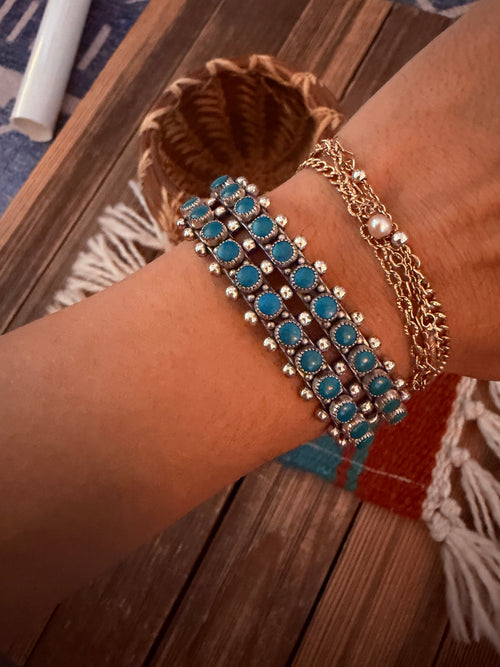 Handcrafted Old Pawn Sterling Silver & Turquoise Petit Point Cuff Bracelet