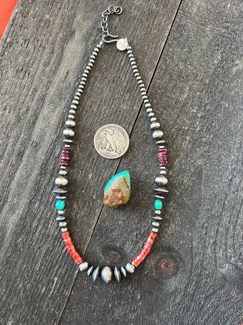 Navajo Electric Rainbow Sterling Silver, Turquoise and Spiny Oyster Single Strand Beaded Necklace by Rose Martin, 18 + 2 Inches