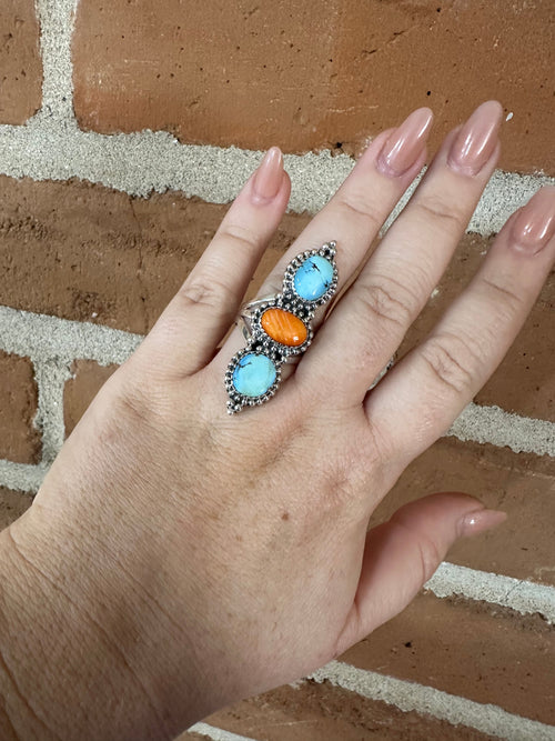 Nizhoni Handmade Golden Hills Turquoise, Orange Spiny & Sterling Silver 3 Stone Ring SIZE 9