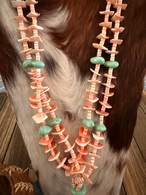 Old Pawn Handcrafted Turquoise & Spiny Oyster Heishi Beaded 28” Jacla Necklace