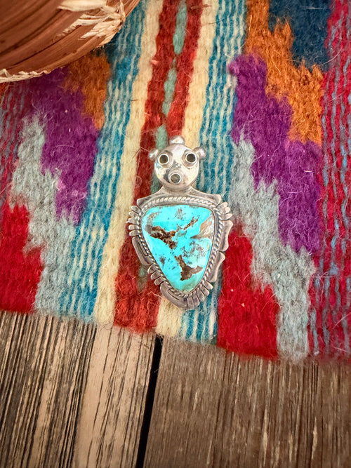 Old Pawn Handcrafted Turquoise and Sterling Silver Yei Symbol Brooch/ Pendant by Bennie Ration