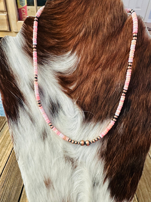 Handcrafted Queen Pink Conch & Copper 16” Beaded Necklace
