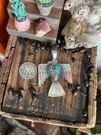 Hand Stamped Sterling Silver & Pilot Mountain Turquoise Thunderbird Pendant by Kimari Somers
