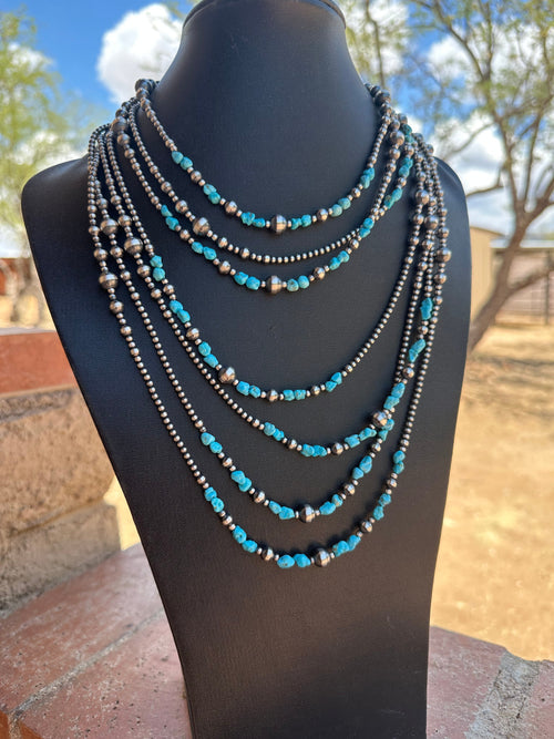 Navajo Kingman Dance Turquoise & Sterling Silver 3mm-8mm Beaded Necklace