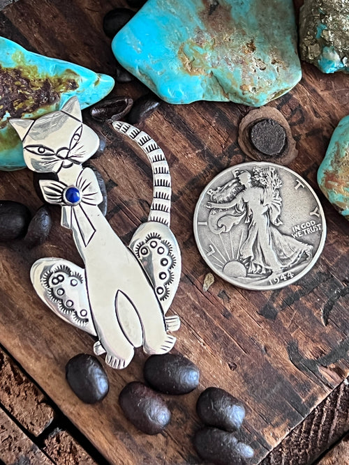 Hand Stamped Sterling Silver and Lapis Cat Brooch by Raymond Coriz
