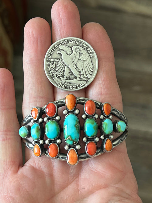 Navajo Hand Stamped Sterling Silver, Sonoran Turquoise and Spiny Oyster Shell Cluster Cuff Bracelet by Diane Wylie
