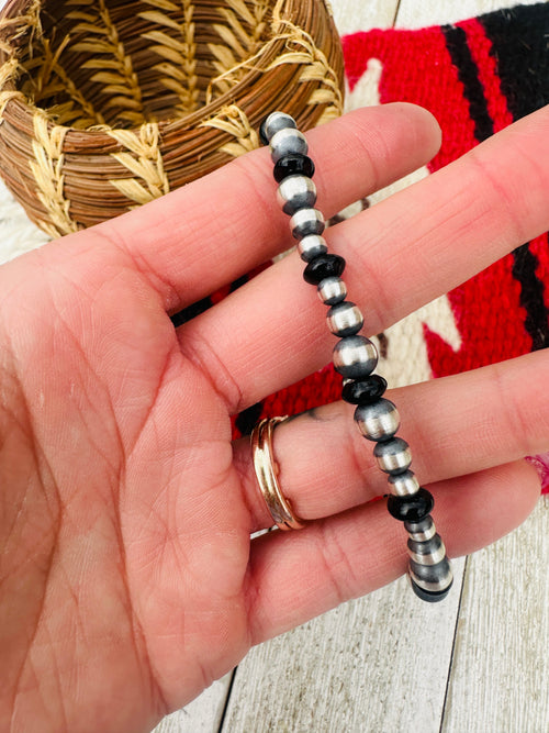 Handcrafted Onyx & Sterling Silver Pearl Beaded Bracelet