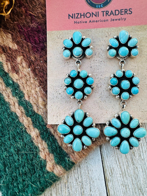 Handcrafted Old Pawn Kingman Turquoise And Sterling Silver Cluster Dangle Earrings