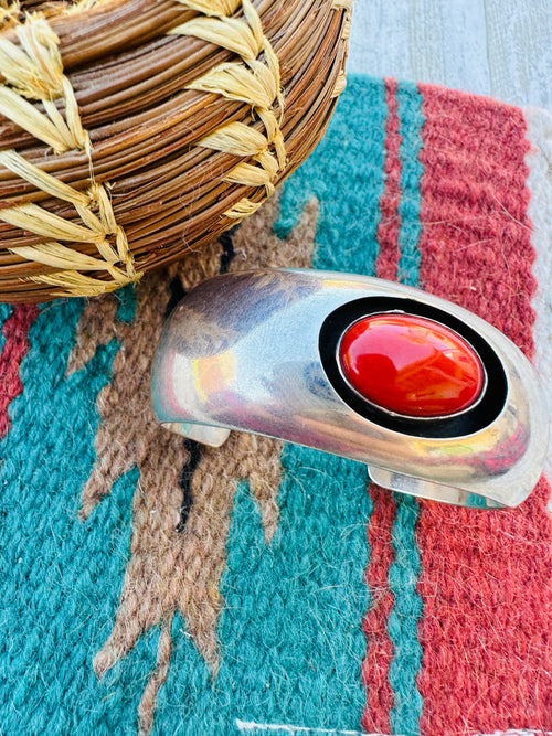 Handcrafted Old Pawn Sterling Silver and Coral Cuff Bracelet