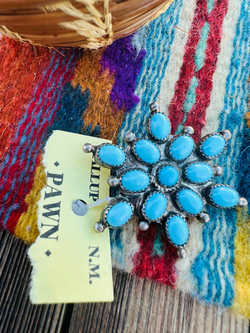 Old Pawn Handcrafted Turquoise and Sterling Silver Cluster Brooch
