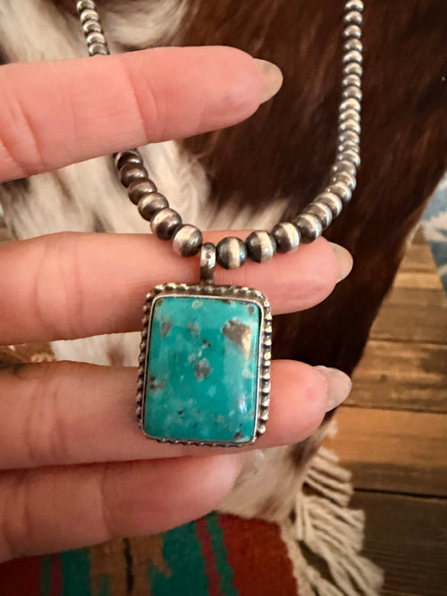 Handcrafted Turquoise & 5mm Sterling Silver Pearl 18” Beaded Necklace