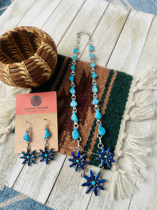 Old Pawn Zuni Sterling Silver, Turquoise & Lapis Flower Necklace and Earring Set
