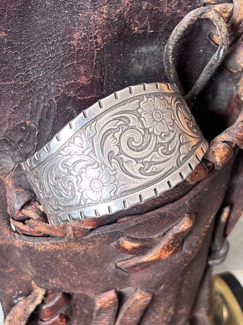 Old Pawn Tooled “Don’t Fence Me In” Sterling Silver Cuff Bracelet by Kit Carson