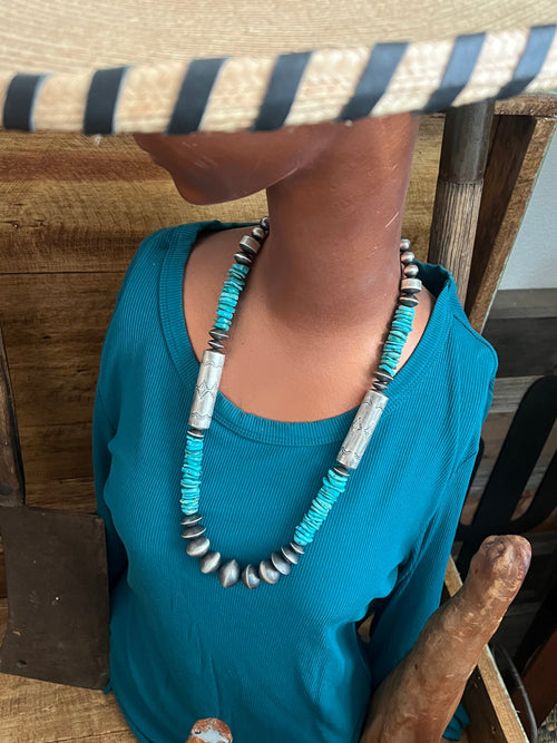 Navajo Sterling Silver and Kingman Turquoise Handmade Beaded Necklace by Rose Martin, 24 + 1-1/2 inches
