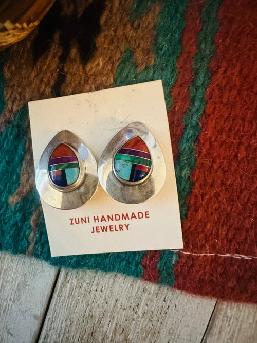 Handcrafted Old Pawn Sterling Silver & Multi Stone Clip On Earrings