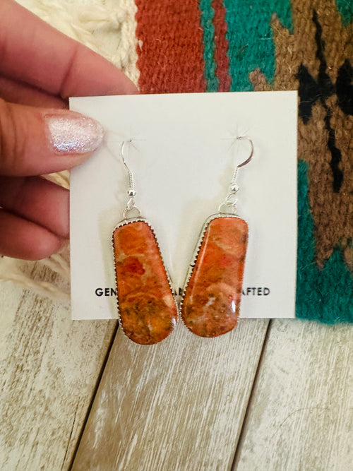 Navajo Sterling Silver Apple Coral Dangle Earrings